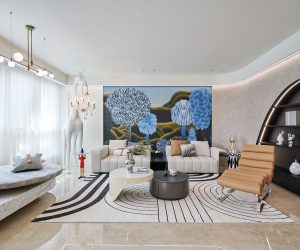 living room with large wall art