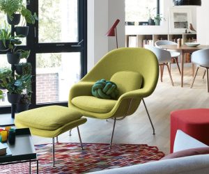 iconic green accent chair living room where to buy authentic Saarinen womb chair online lime green upholstery silver legs matching ottoman luxury designer chairs